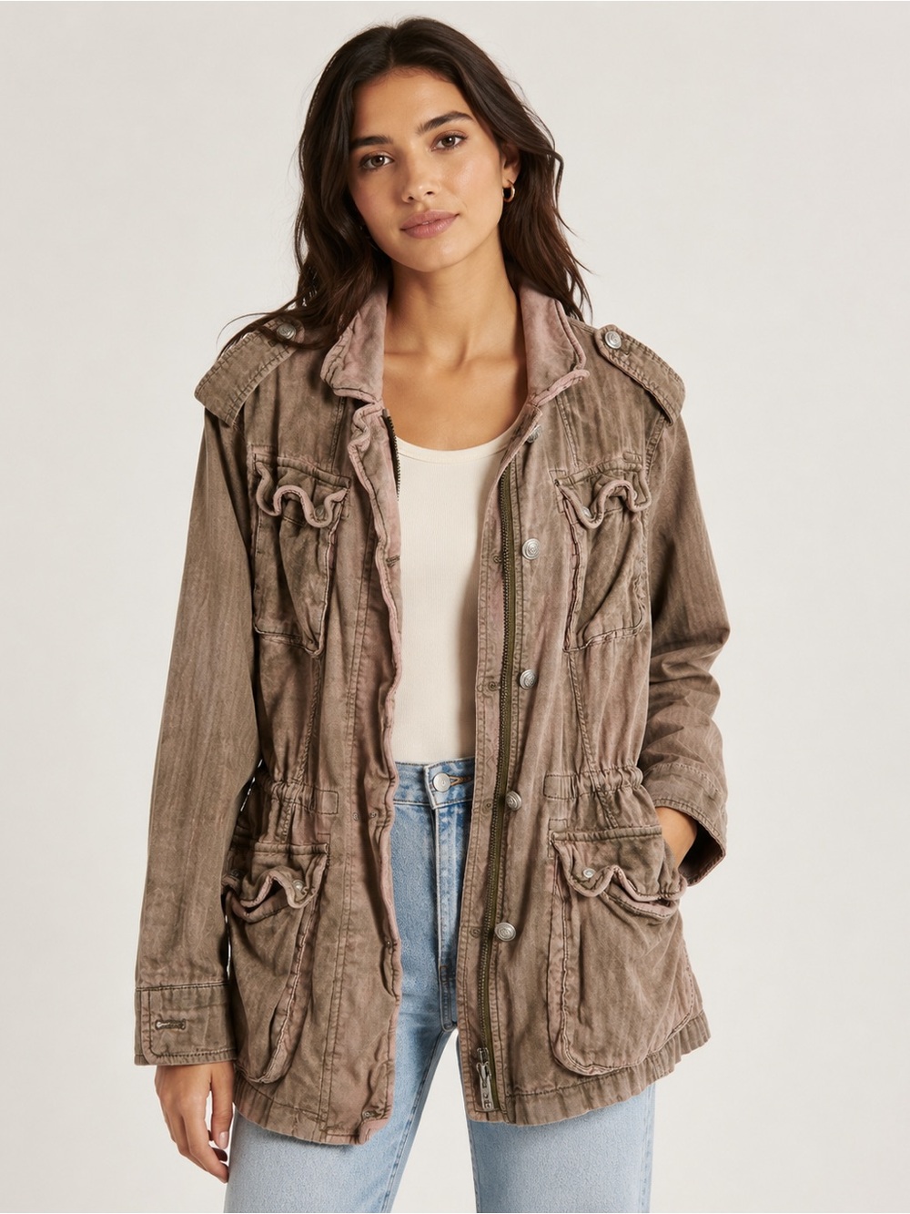 Free People S Washed Taupe Ruffle Military Utility Jacket Boho Cargo Distressed